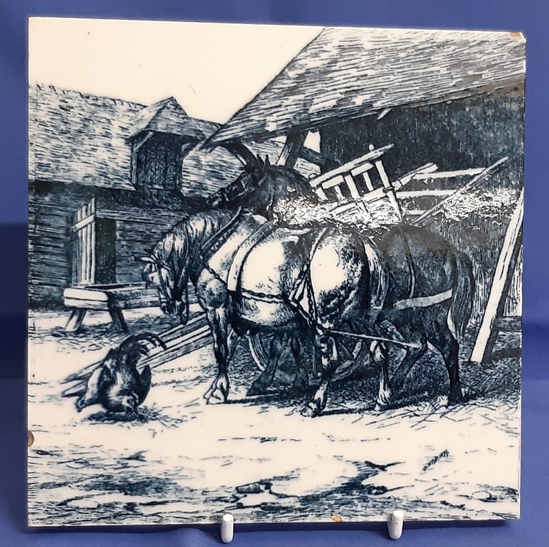 Antique tile of Cart Horses and Chickens by Minton
