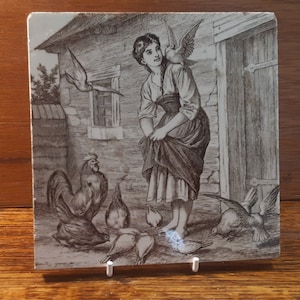 Antique tile Mintons of woman feeding chickens and doves 1882