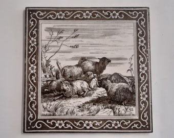 Antique large tile of sheep by Minton Hollins designed by W Wise circa 1880