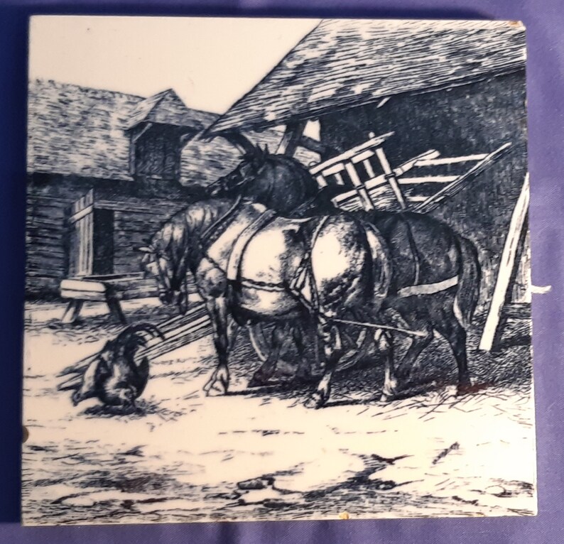 Antique tile of Cart Horses and Chickens by Minton