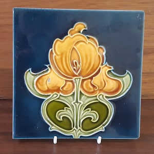Antique tile Art Nouveau deep blue floral design about 1905