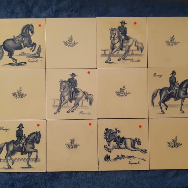 Vintage 12 tiles Hand painted Horse riding dressage Packard and Ord 1948