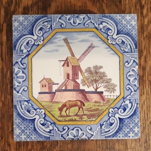 Antique tile by Minton Hollins of a Dutch rural scene of a windmill, about 1880