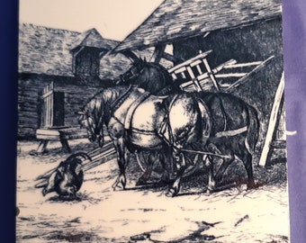Antique tile of Cart Horses and Chickens by Minton
