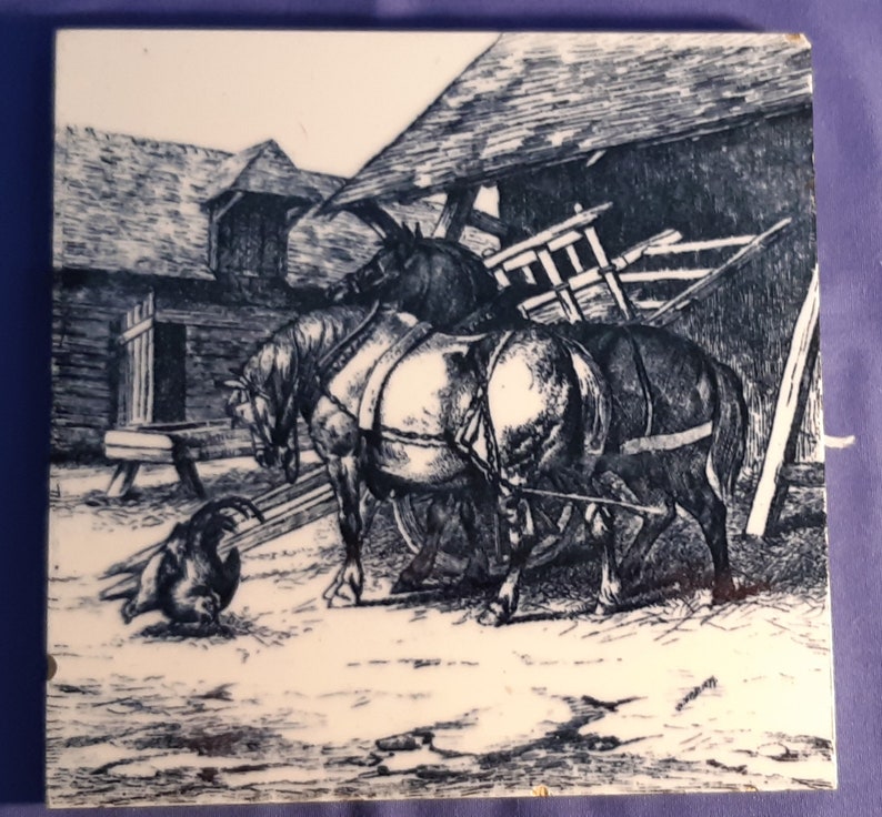 Antique tile of Cart Horses and Chickens by Minton