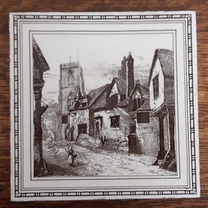 Antique tile, Minton’s Village Scene with church circa 1890