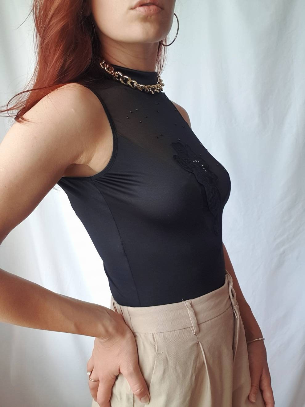 Vintage black sheer bodysuit 80s teddy top Turtleneck floral Etsy