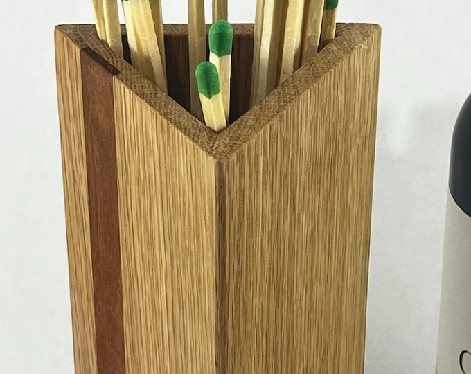 Handmade Wood Matchbox for the Fireplace Mantel with Striker in Oak Wood with Mahogany Accent Strip