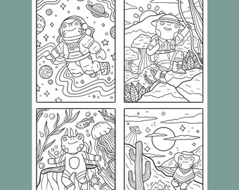 Cozy Adventure Frogs Coloring Page Set - Frog Coloring Pages - Cozy Coloring Pages - Adventure Coloring Pages - Digital Download