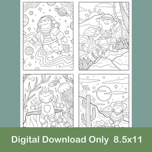 May include: A set of four black and white coloring pages featuring frogs in different settings. One frog is an astronaut in space, another is a hiker in the woods, a third is a scuba diver in the ocean, and the last is a cowboy in the desert.