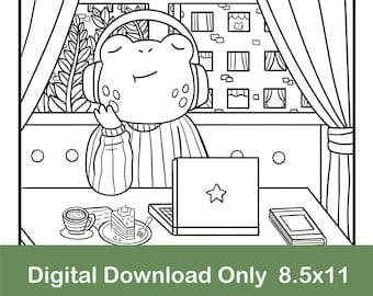 Cozy Cafe Frog Coloring Page: Relaxing Room Scene (Digital Download)