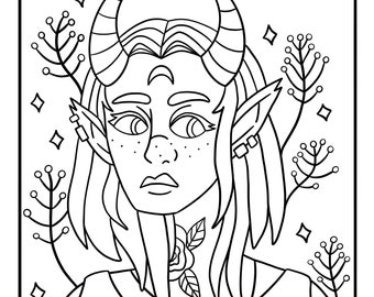 Demon Girl Printable Coloring Page - Fashion Coloring Page - Fantasy Coloring Page - Digital Download