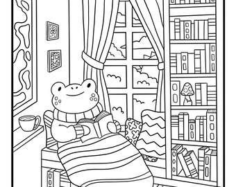 Cozy Frog Reading in Library Coloring Page (Digital Download)