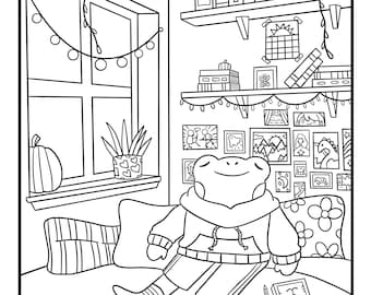 Bed Frog Coloring Page - Cozy Coloring Page - Frog Coloring Page - Room Coloring Page - Digital Download