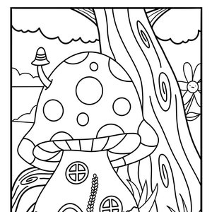 Kleurplaat Paddenstoelenhuis: landschap met bomen (digitale download)
