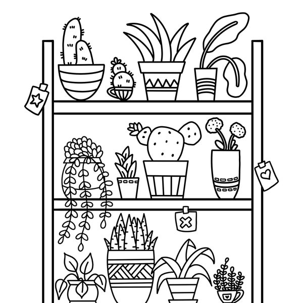 Plant Shelf Printable Coloring Page -  Potted Plant Coloring Page - Cactus Coloring Page - Digital Download