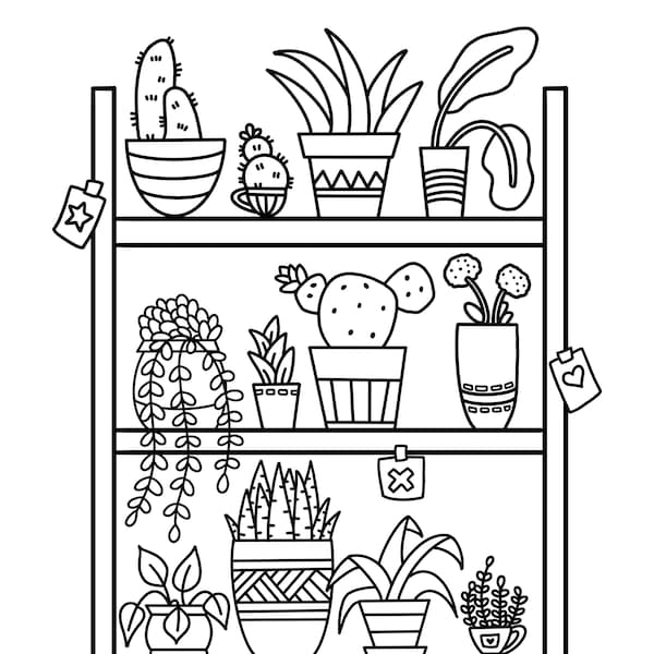 Página para colorear de estanterías para plantas: Cactus y plantas en maceta (Descarga digital)
