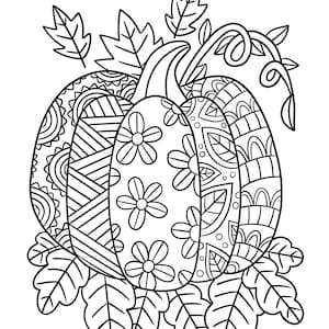 May include: A black and white line drawing of a pumpkin with intricate patterns and leaves. The pumpkin is surrounded by leaves and vines. This printable coloring page is perfect for adults and children.