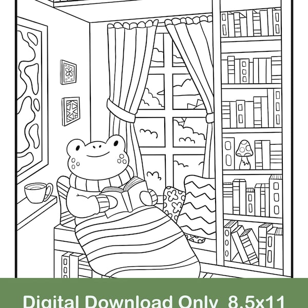 Página para colorear de una rana acogedora leyendo en la biblioteca (descarga digital)