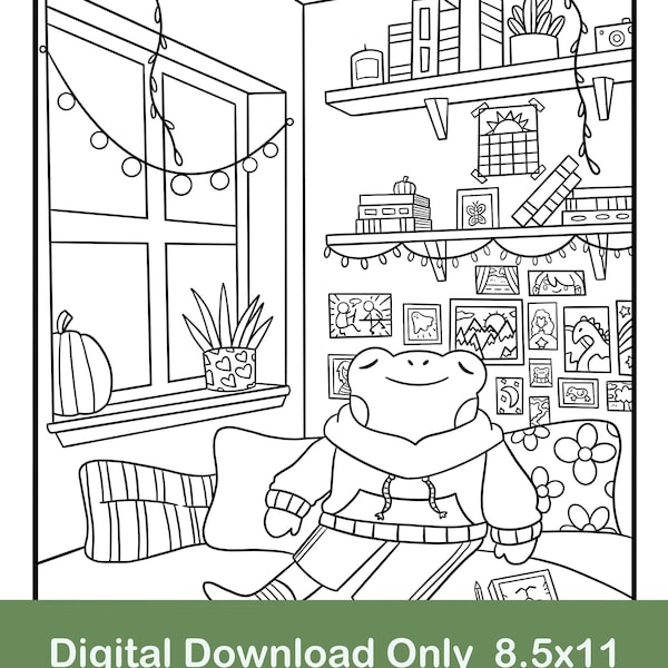 Página para colorear de una rana acogedora en la cama: Escena relajante en una habitación (Descarga digital)