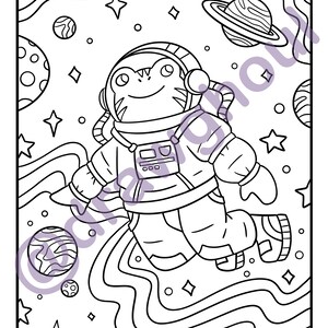 May include: A black and white line drawing of a frog wearing a space suit and floating in space. The frog is surrounded by stars and planets.
