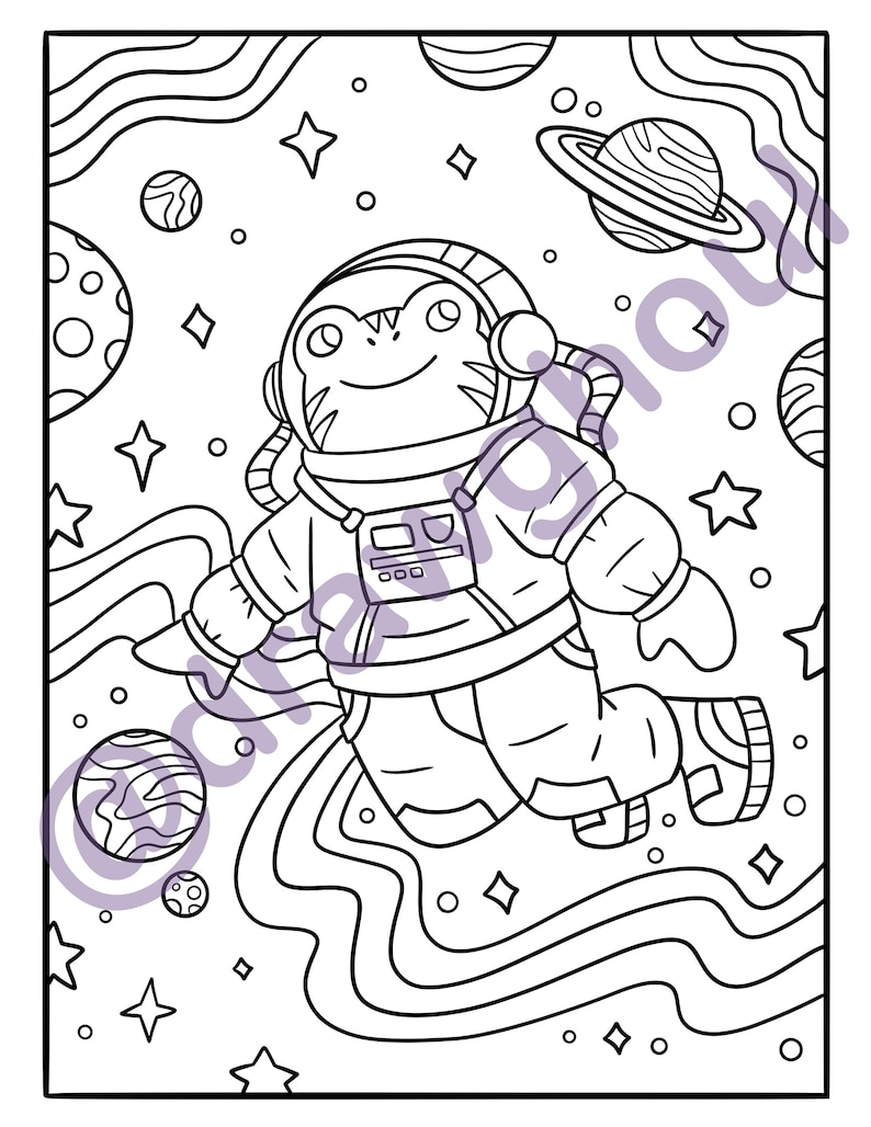 May include: A black and white line drawing of a frog wearing a space suit and floating in space. The frog is surrounded by stars and planets.