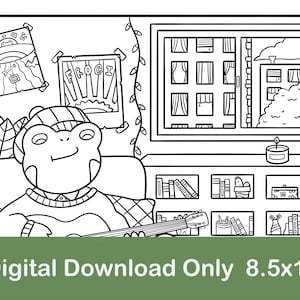 May include: Black and white line art illustration of a frog wearing a hat and playing a guitar. The frog is sitting in a chair in a room with a window, a bookshelf, and a candle. The text "FROGI" is visible on a poster in the background.