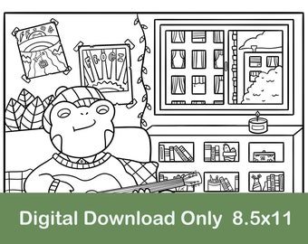 Guitar Frog Coloring Page: Cozy Room Scene (Digital Download)