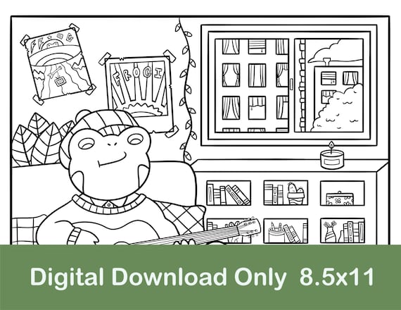 Guitar Frog Coloring Page: Cozy Room Scene (Digital Download)