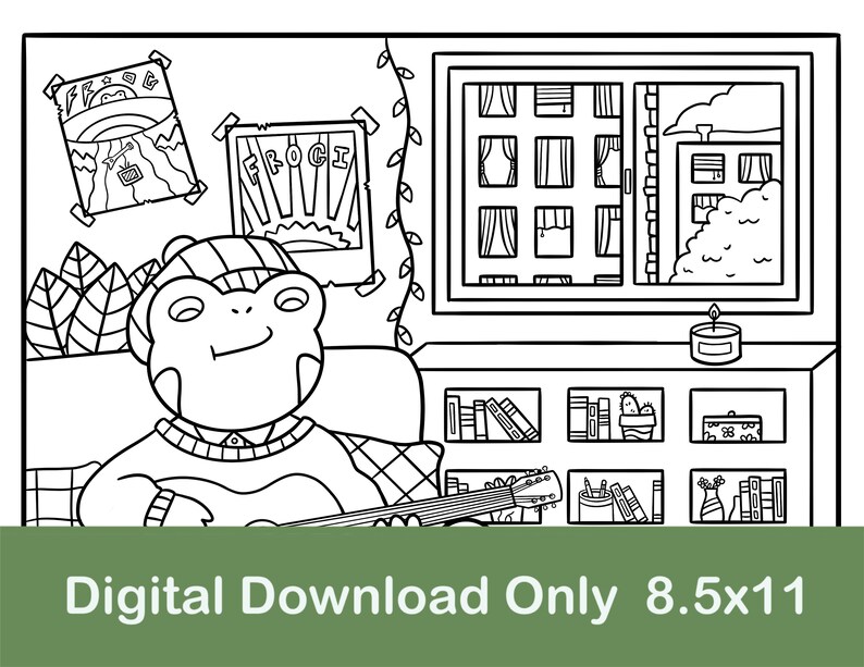 May include: Black and white line art illustration of a frog wearing a hat and playing a guitar. The frog is sitting in a chair in a room with a window, a bookshelf, and a candle. The text "FROGI" is visible on a poster in the background.