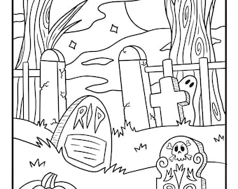 Spooky Graveyard Coloring Page - Halloween Fall Printable (Digital Download)