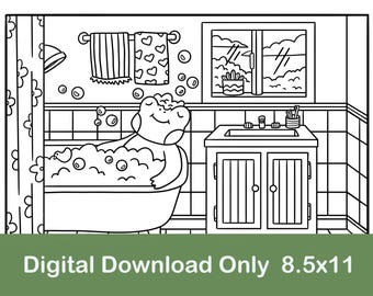 Frog in Bubble Bath Coloring Page - Cozy Bathroom (Digital Download)