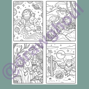 May include: A coloring book page featuring four different scenes with a frog character in each. The first scene shows the frog in an astronaut suit floating in space. The second scene shows the frog wearing a safari hat and holding a magnifying glass. The third scene shows the frog wearing a scuba suit and swimming in the ocean. The fourth scene shows the frog wearing a cowboy hat and sitting by a campfire.