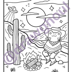 May include: A black and white line drawing of a frog wearing a cowboy hat and poncho sitting by a campfire in the desert. A cactus and a UFO are in the background.