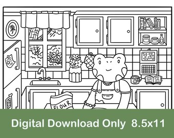 Baker Frog Coloring Page: Cozy Kitchen Scene (Digital Download)