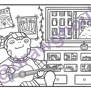 May include: A black and white line drawing of a frog wearing a hat and playing an acoustic guitar. The frog is sitting on a couch in a room with a window, a bookshelf, and a poster that says "Froci".