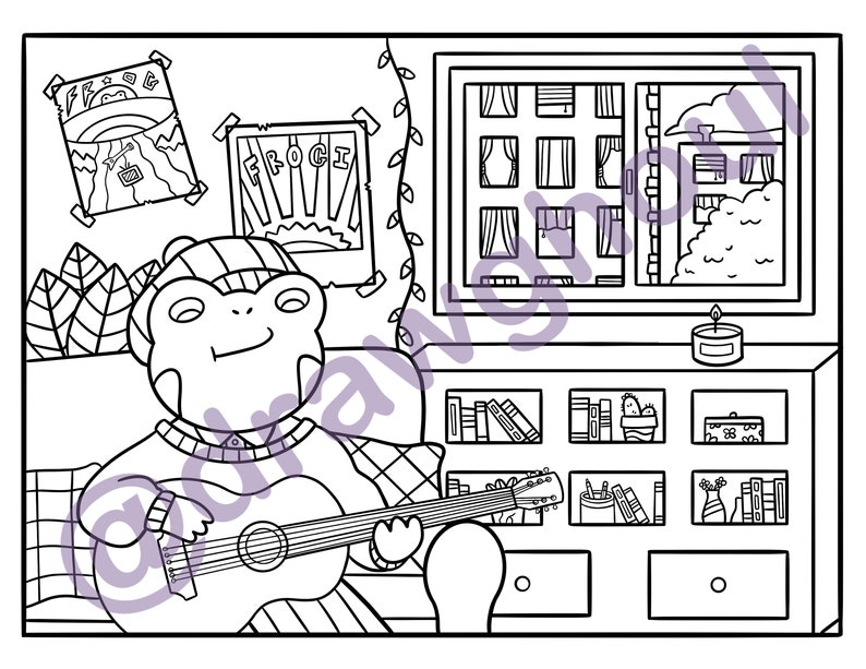 May include: A black and white line drawing of a frog wearing a hat and playing an acoustic guitar. The frog is sitting on a couch in a room with a window, a bookshelf, and a poster that says "Froci".