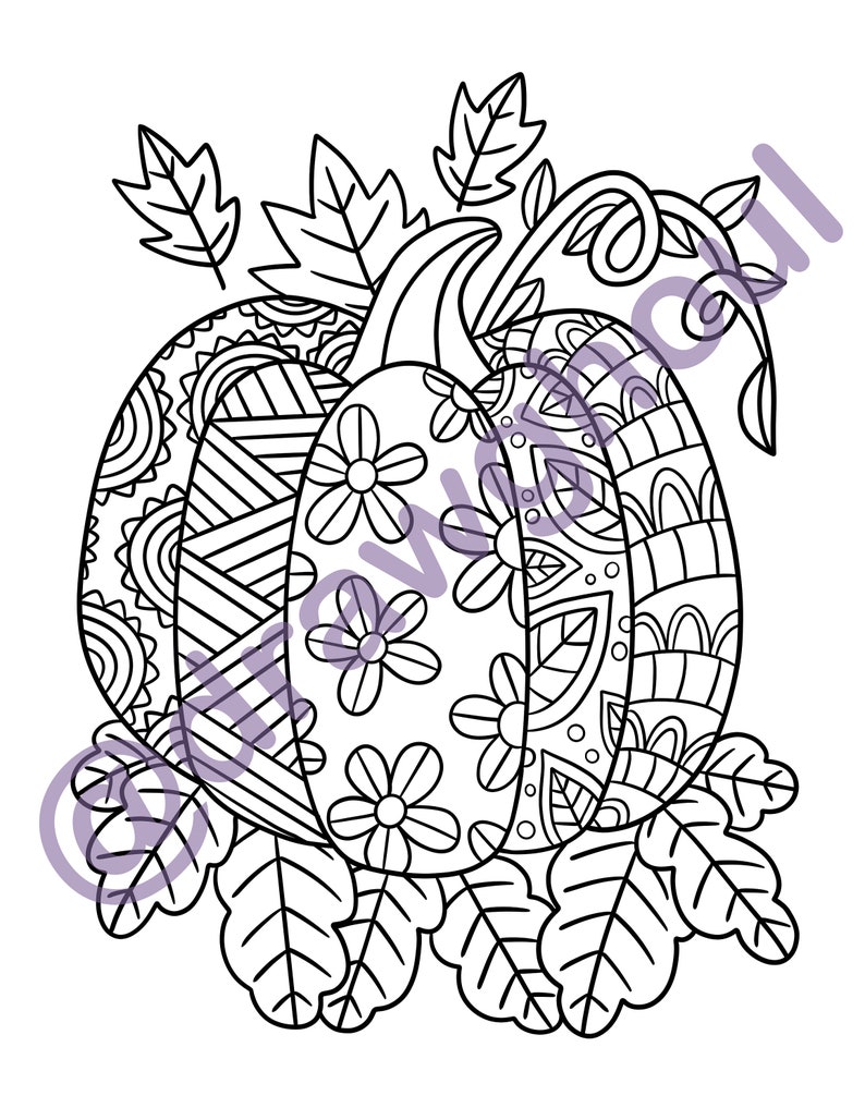 May include: A black and white line drawing of a pumpkin with intricate patterns and leaves. The pumpkin is surrounded by leaves and vines.