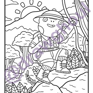 May include: A black and white line drawing of a frog wearing a hat and backpack, climbing a vine in a jungle setting. The frog is smiling and has a determined look on its face. The background includes trees, mountains, and a sun.