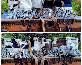 Myra Genuine Cowhide, Leather and Fringe Crossbody or Shoulder Bag / NWT / Cowhide Purse / Western Purse / Black and White Cowhide