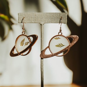 Handmade Pressed Flower Resin Earrings - Rose Gold Planet Bezel, Green Leaves