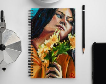 Orange Contemplative Woman Portrait Original Art Oil Painting Spiral Bullet Journal Notebook Flowers