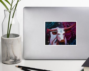 Pegatina de vinilo sin burbujas de Space Cow Galaxy Bull Original Art