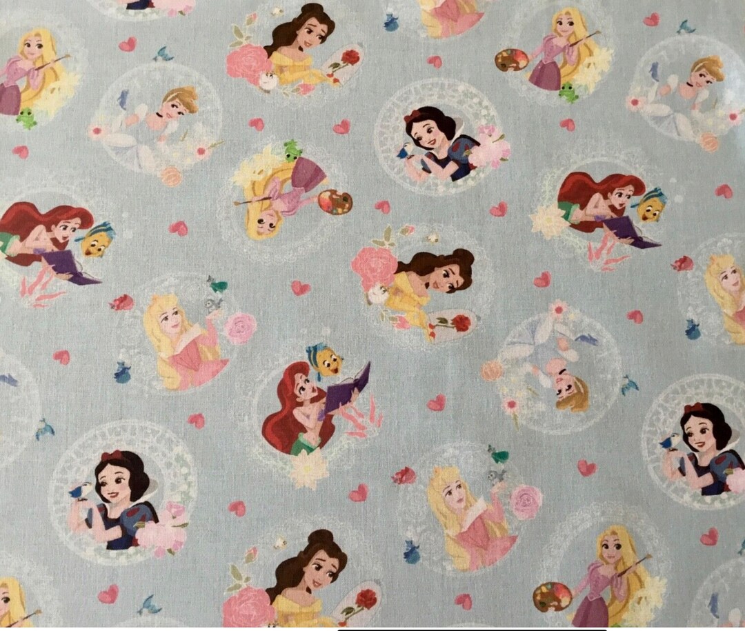 Girl Disney Pattern Disney Princess Pattern on Blue Background 100% Cotton Fabric Fat ...