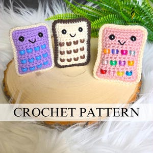 May include: Three crocheted phone-shaped items in purple, brown, and pink, each with a smiling face. The purple phone has blue button details, the brown phone has beige button details, and the pink phone has colorful bead details. The text "CROCHET PATTERN" is at the bottom.