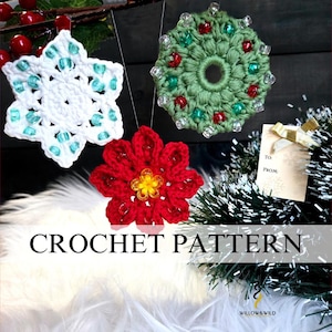 May include: Image of a crochet pattern showing three handmade Christmas ornaments. A white snowflake, a red flower, and a green wreath, all decorated with beads. The text "CROCHET PATTERN" is displayed across the bottom.