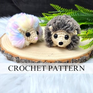 May include: Two handmade crochet hedgehogs with fluffy fur, one in pastel rainbow colors and the other in gray. They sit on a wooden slice with green fern accents. The text "CROCHET PATTERN" is displayed below.