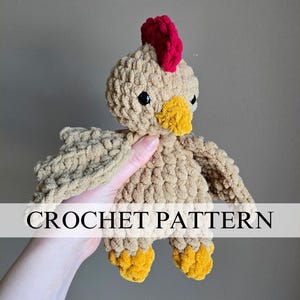 May include: Crochet pattern for a brown and yellow chick with a red comb. The chick is holding a yellow flower in its beak.