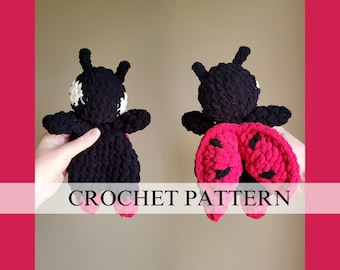May include: Two handmade crochet ladybug toys. The ladybugs are black with white and black details on the head and red wings with black spots. The text "CROCHET PATTERN" is overlaid on the image.