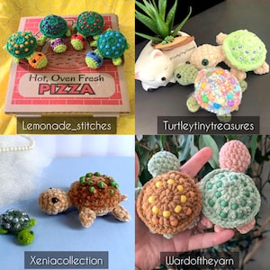 K&ouml;nnte beinhalten: Eine Sammlung von geh&auml;kelten Amigurumi-Turtlespielzeug in verschiedenen Farben und Mustern. Die Schildkr&ouml;ten werden auf verschiedenen Oberfl&auml;chen ausgestellt, darunter ein Pizzakarton, ein Pflanzentopf und eine Hand.